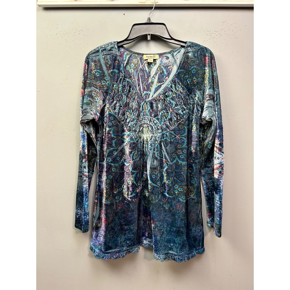 One World Tunic Women L Blue Paisley Mandala Stretch Velvet Smocked Ruffle Top